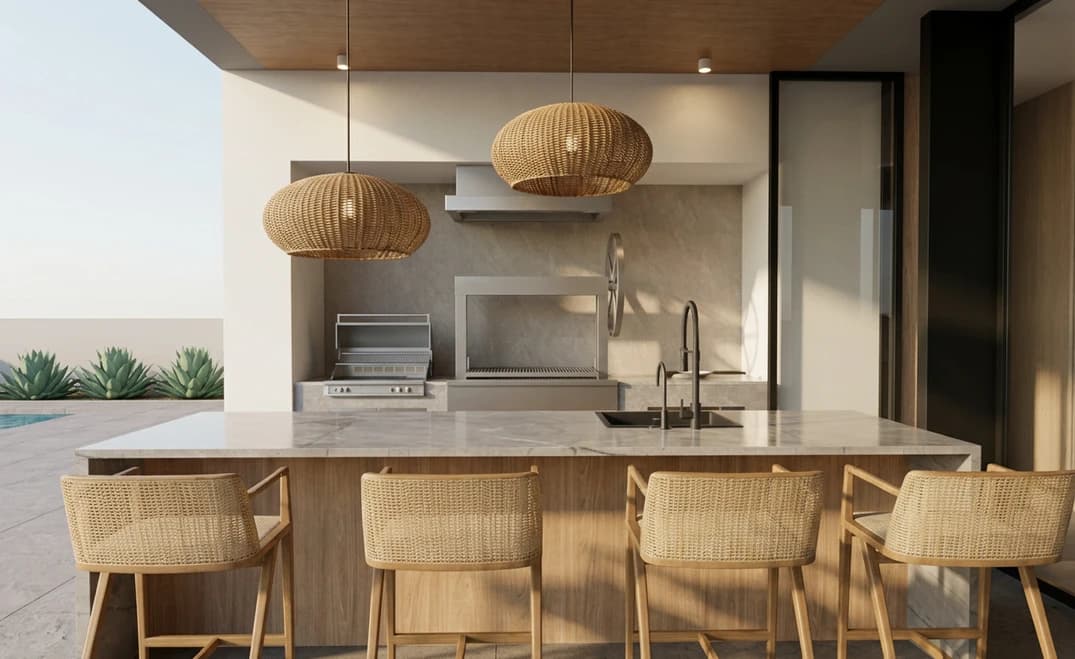 Cocina exterior con isla de mármol, sillas de mimbre y lámparas tejidas
